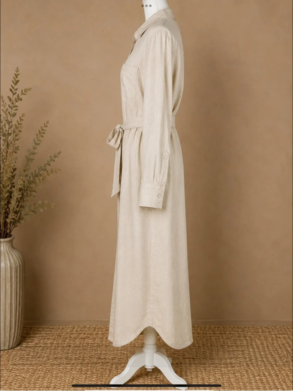 Natural Linen Coastal Maxi Shirtdress Belted Button Front Pockets S/P